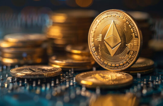Ethereum Coins on Circuit Board Close-Up. Ethereum coins placed on a blue circuit board, representing cryptocurrency technology.
