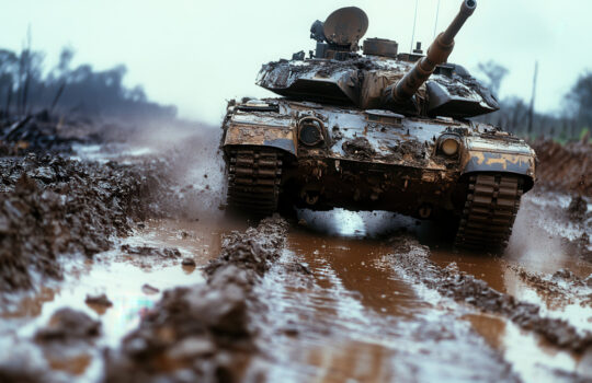 A battle tank expertly maneuvers through a muddy landscape, showcasing its durability and adaptability in hostile environments typical of modern warfare engagements.
