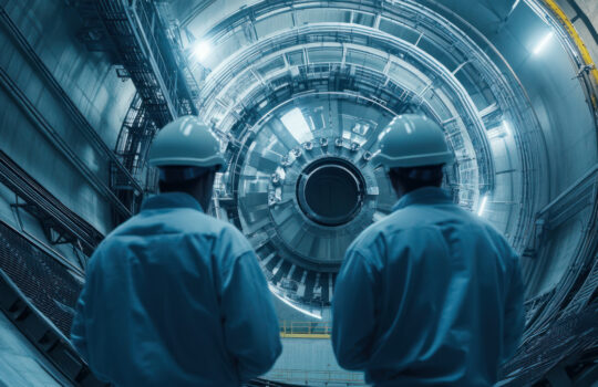 Two engineers wearing safety helmets work on high-tech machinery in a nuclear plant. Industrial environment with advanced technology.