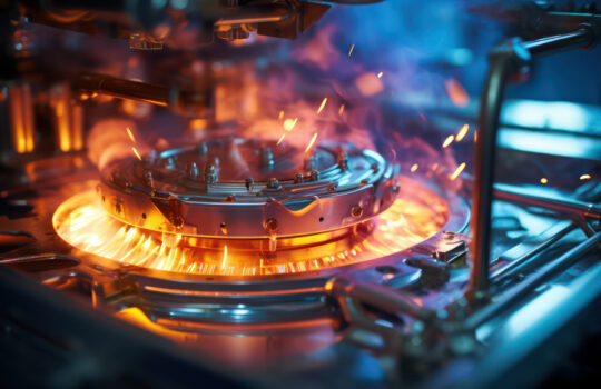 Nahaufnahme einer Kammer für die chemische Gasphasenabscheidung (CVD), in der dünne Materialschichten auf die Waferoberfläche aufgebracht werden