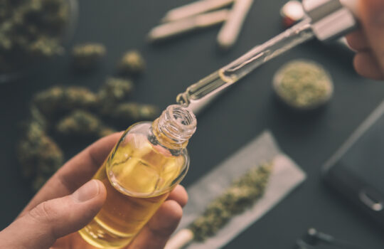 natural herb, CBD cannabis OIL. hemp product, Hand holding bottle of Cannabis oil in pipette, medical marijuana concept, close up,