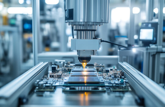 A high-tech automated machine solders circuit boards on a factory production line, performing precision work with advanced technology, generated by AI.