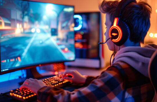 Teenage boy wearing big headphones playing racing game at home. Young teen kid playing videogame on his desktop computer. Computer games addiction in children. Generative AI.