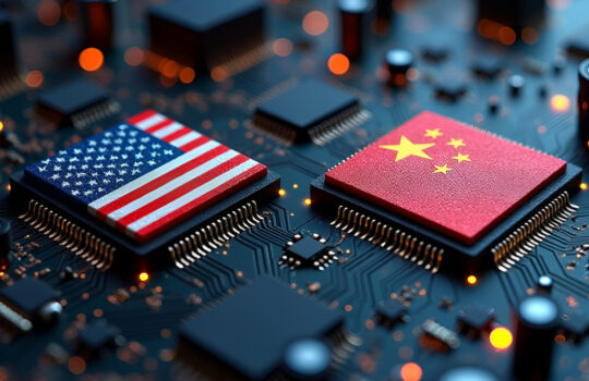 Two computer chips with the flags of the United States and China on them, placed on a circuit board, conflict between china and USA created with generative ai