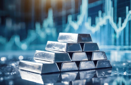 Stacked silver bars, concept of financial assets. Reflective ingots signify wealth, stability in physical investment form..