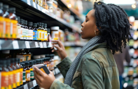People selecting supplements and reading labels