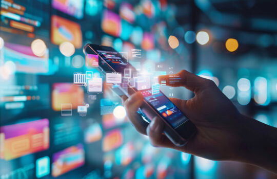 Digital marketing and online advertising to targeted customers. Shooting ads on cross feeds to optimize customer engagement. Person using mobile smartphone with virtual screen of ADs on website