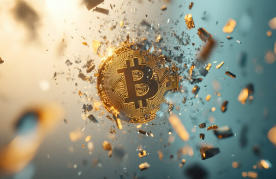 Bitcoin coin shattering into fragments as market indicators signal financial loss