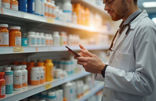 Pharmacist checks prescription on phone in pharmacy. Various drug bottles line shelves. Healthcare pro looks at digital document. Pharmacy setting. Focus on medication dispensing prescription