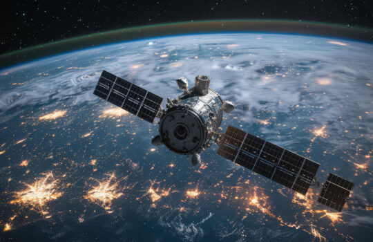 Military satellite orbiting and patroling surface of the Earth, monitoring military programs and activities of different countries around the clock