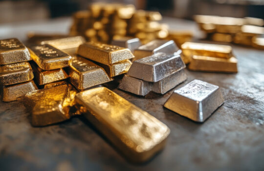 Gold and silver bars are arranged on a table, representing an investment in precious metals for the purpose of storing value and providing security."