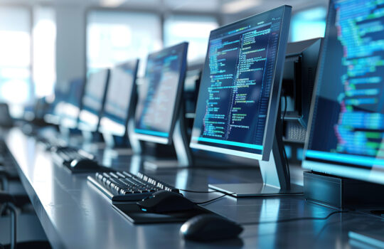 A row of computer monitors on an office desk