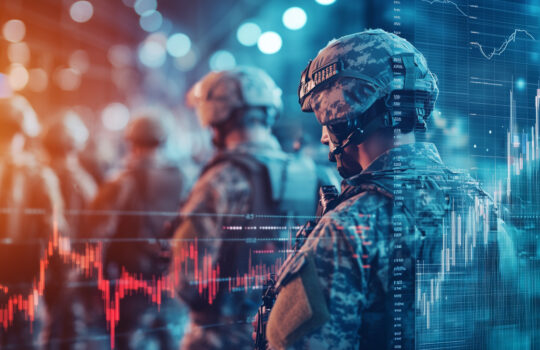 Soldiers in war zone with digital stock market overlay, highlighting intersection of military and financial elements.