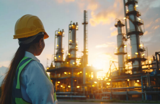 Refinery industrial engineers are working and discussing in front of oil and gas industrial plant. Refinery for industry.