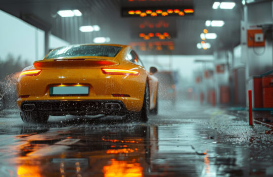 Luxury Yellow Sports Car Driving Through Wet City Streets, leaving Water Splashes behind.
