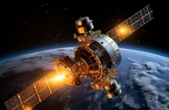 A state-of-the-art communication satellite with large solar panels orbiting the Earth in the vastness of space, demonstrating cutting-edge space technology on a sunny day..