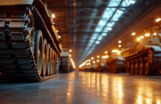 An artistic close-up of military tank tracks in a vast warehouse, highlighting the intricate details and ruggedness of armored vehicles in an industrial environment.
