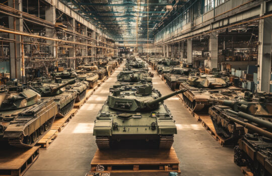 Eine militärische Waffenfabrik mit Reihen von Schusswaffen, Panzern und schwerer Artillerie, die zusammengebaut werden und den industriellen Maßstab der militärischen Produktion verdeutlichen.