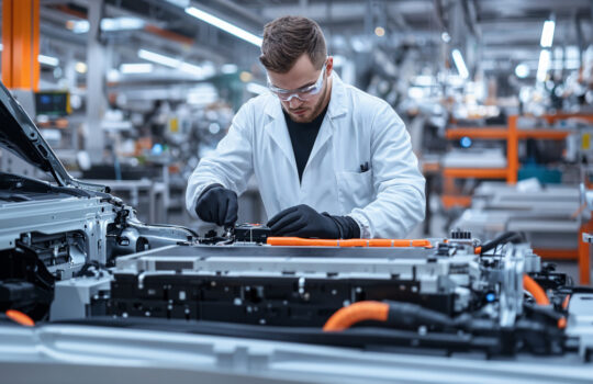 A worker in a white lab coat and black gloves works on the battery pack of an electric car on an assembly line
