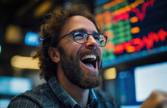 A joyful trader in a busy office environment celebrates success while analyzing stock market charts. His excitement reflects the dynamic nature of financial trading.