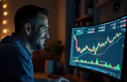 Cheerful trader observing business metrics on his computer screen. Young enthusiastic man analyzing stock market trends remotely at home during nighttime.
