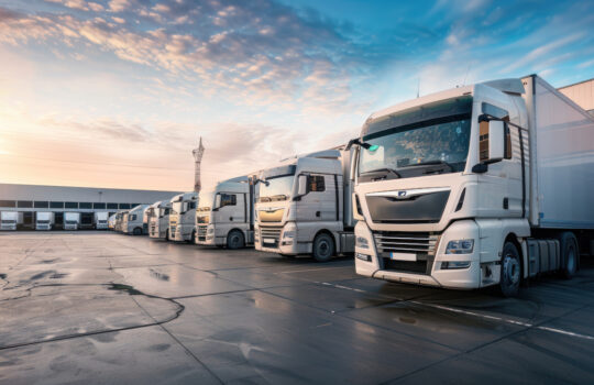 Close up fleet of trucks parked in front of warehouse to delivering factory goods. AI generated