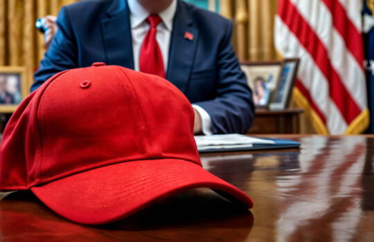 Red cap of an american republican presidential candidate lies on the desk in the Oval Office. The USA President sits at his desk in the White House with a red hat on the desk