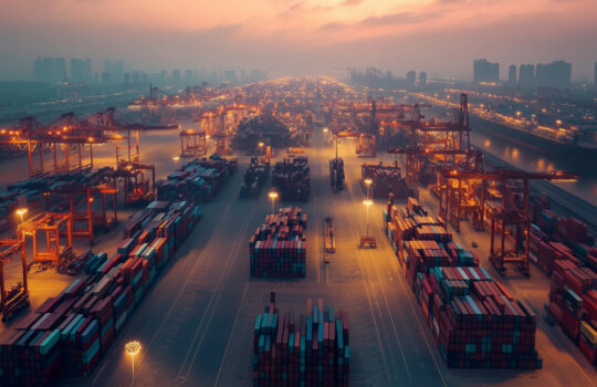 Under a glowing sunset, a sprawling port in China showcases containers stacked high, reflecting the country's swift response to recent tariffs with dynamic trade operations.