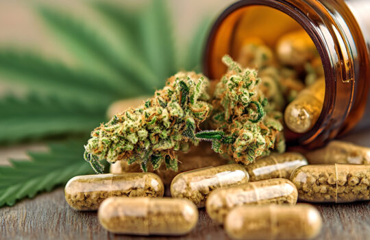 Close-up of marijuana buds and capsules spilling from an amber bottle on a rustic wooden surface showcasing cannabis medicine..