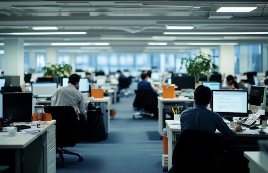 a bustling corporate office environment, viewed across a large, open floor plan. Numerous employees are seated at their desks, deeply focused on their computer screens, indicative of a typical busy wo