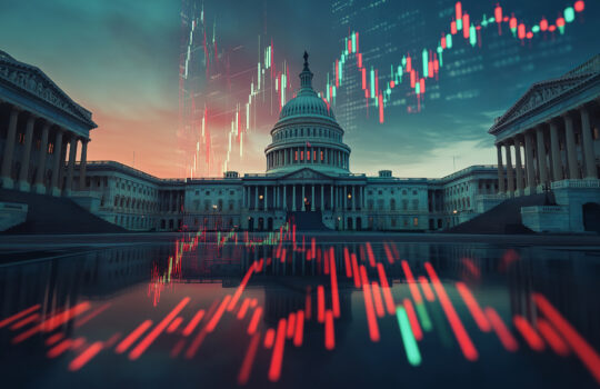 A digital overlay of stock market trends reflects on the steps of the U.S. Capitol at dusk, blending politics and finance.