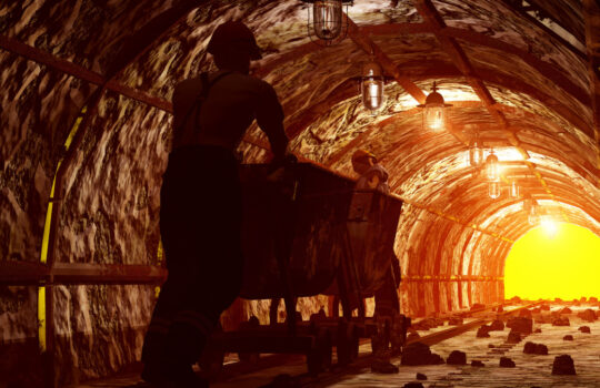 Workers pushing the cart in the mine.