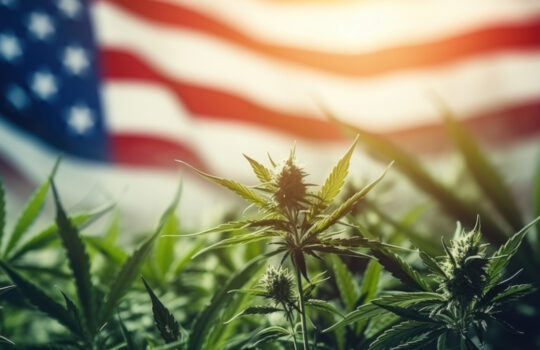 USA American flag with hemp leaf background. Cannabis legalization in united states of America concept. Legal medical hemp plant marijuana.