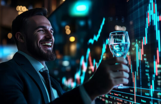 A businessman grinning widely, raising a glass in celebration as the stock market graph shows a steep rise, representing his financial triumph - hyper-realistic, colorful, joyful and luxurious atmosphere