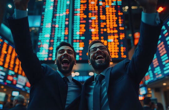 A businessmen in a suit cheering joyfully on the stock exchange floor, surrounded by illuminated market data displays.