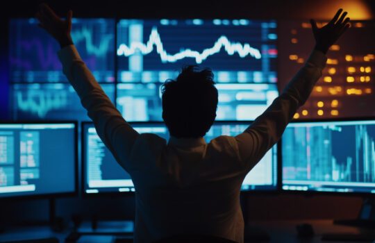 A joyful trader sitting before trading screen monitors, exuberantly raising his arms in celebration
