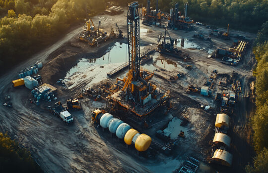 Fracking Operation: A fracking site in a rural area with drilling rigs, large water tanks, and trucks positioned around a well pad. The image captures the intensity of hydraulic fracturing, with machinery extracting oil and gas from deep underground shale formations.
