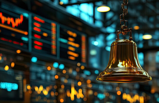 A golden bell hangs in the stock exchange trading hall, with large digital display boards showing real-time market data and an animated background of candlestick charts. This is a detailed stock photo, part of a collection of best-selling stock images featuring sharp details, high resolution, high quality, and high contrast. --ar 3:2 --v 6.1 Job ID: 73236086-65d5-4ddc-a11f-5c8582253206
