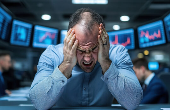 Investing mistake fail business and volatility Concept, A stressed trader holds his head in frustration, surrounded by multiple screens displaying fluctuating stock market graphs.