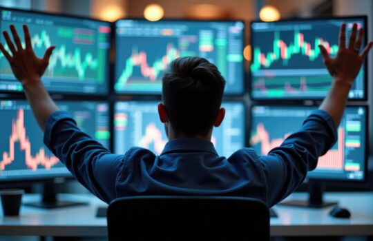 Joyful stock trader celebrating success while seated in a modern office, viewed from behind, amidst multiple screens showcasing data and charts.