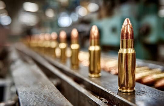 Production line manufacturing bullets in munitions factory