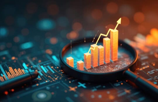 Magnifying glass highlights business growth chart with upward trend. Generative AI analysis financial success stock increase profit, investment statistic performance market economy improvement