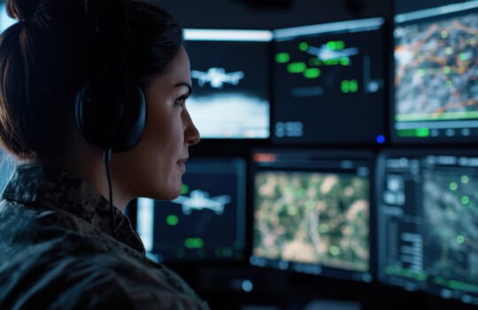 A military intelligence officer inside a dark, high-tech operations room reviews live drone surveillance feeds, tracking enemy movements across a digital terrain map. Their face is illuminated by the