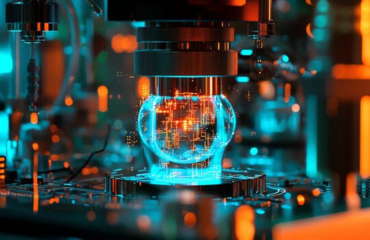 Quantum computer chip under an electron microscope, circuits glowing with neon blue and orange energy, sci-fi inspired laboratory setting