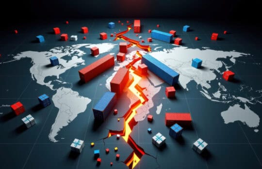 A dramatic depiction of trade war impact with shipping containers and cracked world map symbolizing tariffs
