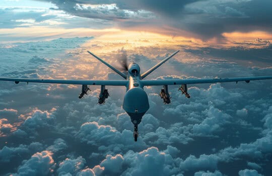Explore advanced aerial surveillance with an unmanned military drone, ensuring comprehensive coverage from above.