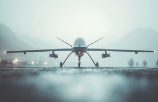 Military Drone on Runway in Foggy Weather