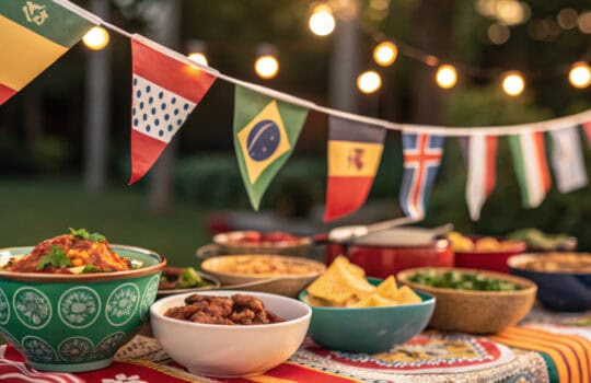 A vibrant global feast under twinkling string lights, celebrating unity and diverse cultures with warm lighting and a blurred outdoor backdrop.