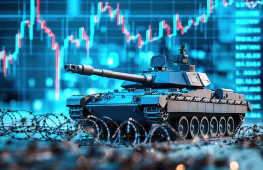 Impact Investing and financial Risk. Military tank set against a backdrop of financial graphs and barbed wire.