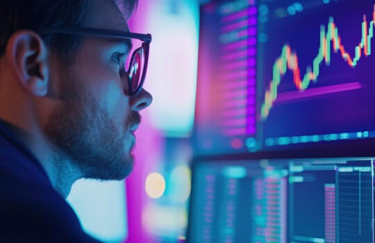 Trader in Neon Basement Lighting During Stock Pump Hype